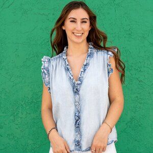 NWT - Elan Vera Sleeveless V Neck Ruffle Edge Top in Blue Wash